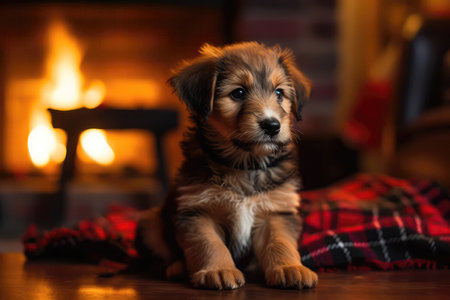 Puppy In Plaid With Defocused Fireplace In Backgroundの素材