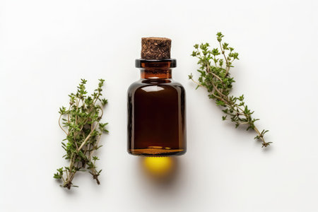 Thyme Essential Oil In Small Brown Bottle Next To Thyme On White Background, Top Viewの素材