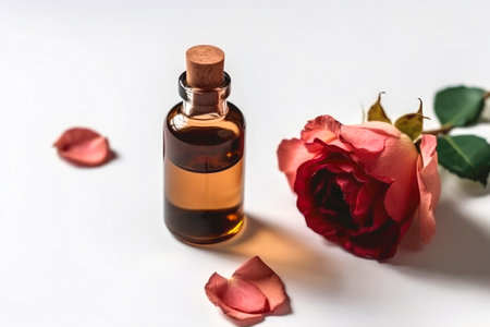 Rose Essential Oil In Small Brown Bottle Next To Rose On White Background, Top Viewの素材