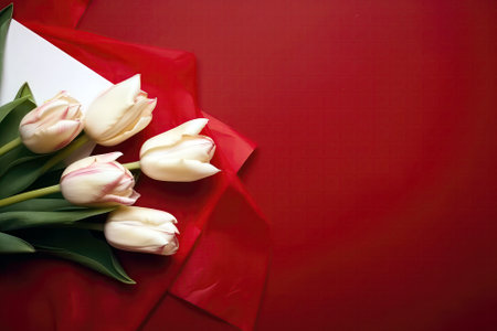 Photograph Of Top View Of Copy Space And Red Envelope And Bouquet Of White Tulips With Copy Paste Red Backgroundの素材