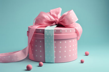 Pink Box With Polka Dots And Pink Ribbon Hanging On Blue Backgroundの素材