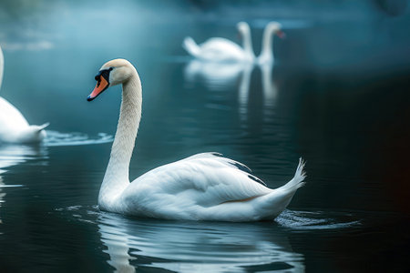 Serene Swans Gracefully Gliding Across Tranquil Blue Poolの素材