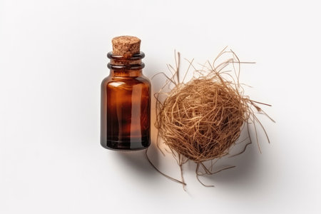 Vetiver Essential Oil In Small Brown Bottle Next To Vetiver On White Background, Top Viewの素材