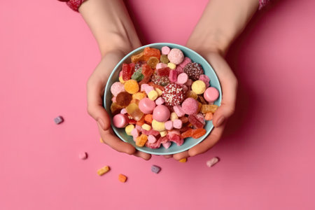 Womans Hands Holding Bowl Of Assorted Candies On Pink Background, Top Viewの素材