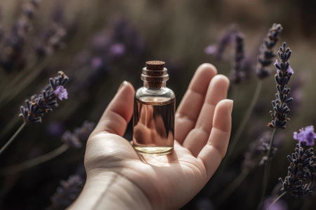 In One Womans Hand Small Brown Bottle Of Essential Oil, In The Other Hand Lavenderの素材