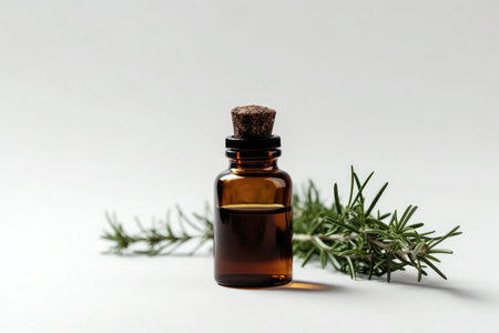 Rosemary Essential Oil In Small Brown Bottle Next To Rosemary On White Backgroundの素材