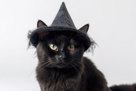 Black Cat With Witch Hat On White Background. halloweenの素材