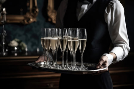 Butler Holding Silver Tray, Serving Elegant Champagne Glassesの素材
