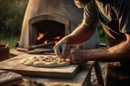 Man Baking Delicious Woodfired Artisanal Pizza Outdoors Closeupの素材