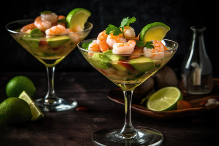 Avocado And Shrimp Ceviche Served In Martini Glassの素材