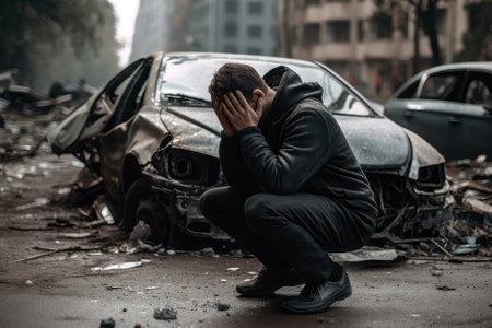Man Sits On The Road Next To Wrecked Car And Covers His Face With His Handsの素材