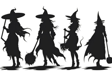 Silhouettes Of Witch On Broom On White Background, Halloweenの素材