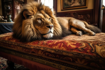 Majestic Lion Lounges Regally On Luxurious Velvetcovered Mattressの素材