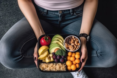 Fintech Woman In Leggings Sitting With Lunch Box Of Healthy Food, Top View, Closeupの素材