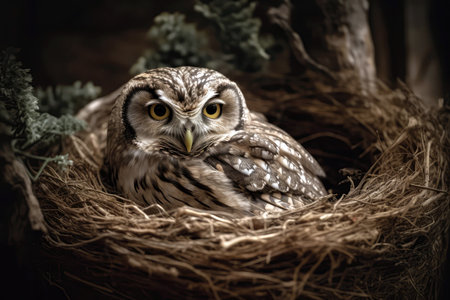 Sleepy Owl Perches On Tree Branch Inside Cozy Nestの素材