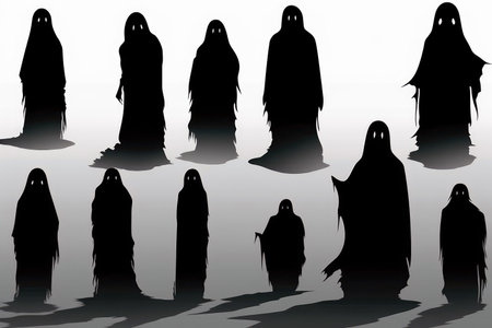 Set Of Black Silhouettes Of Ghosts On White Background, Halloweenの素材