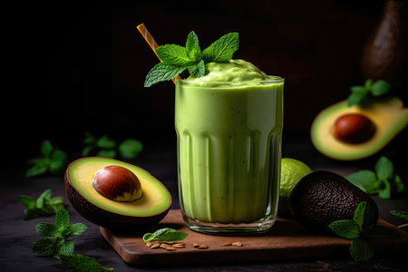 Vibrant Avocado Smoothie Garnished With Mint Leafの素材
