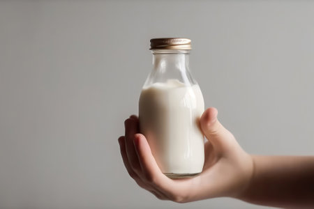 Childs Hands Holds Bottle Of Milk Against White Backgroundの素材