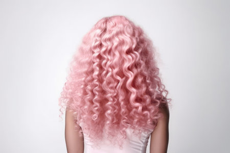 Long Pink Afro Curls , Rear View On White Backgroundの素材