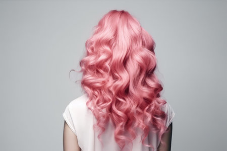 Long Pink Curly Hair , Rear View On White Backgroundの素材