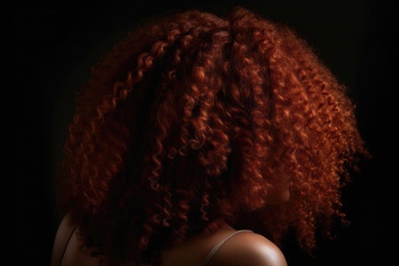Medium Length Auburn Afro Curls , Rear View On Black Backgroundの素材