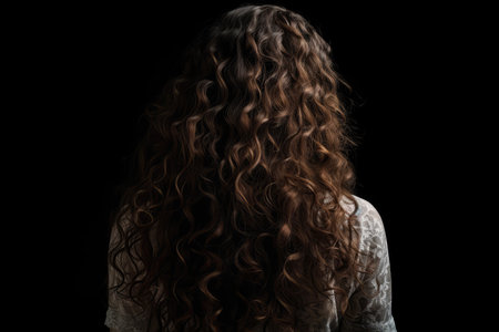 Long Brunette Curly Hair , Rear View On Black Backgroundの素材