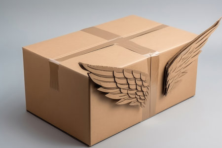 Brown Cardboard Box With Wings On White Backgroundの素材