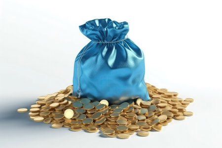 Blue Bag Of Gold Coins On White Backgroundの素材