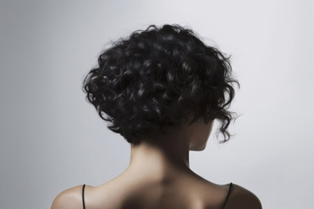 Short Black Curly Hair, Rear View On White Backgroundの素材