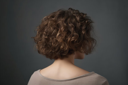 Short Brown Curly Hair , Rear View On Gray Backgroundの素材