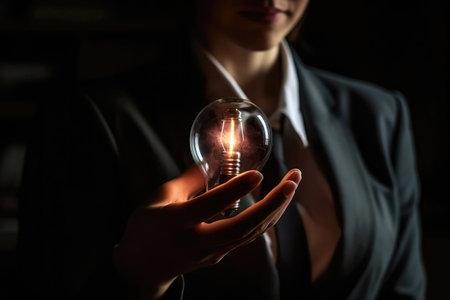 Woman In Business Suit Holding Burning Incandescent Lamp, Closeup. The Concept Of Inspiration, Motivation, Creativity, Intelligenceの素材