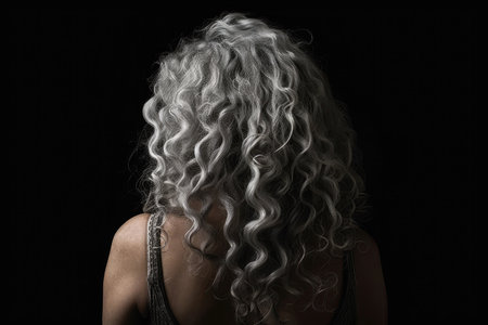 Long Gray Curly Hair , Rear View On Black Backgroundの素材