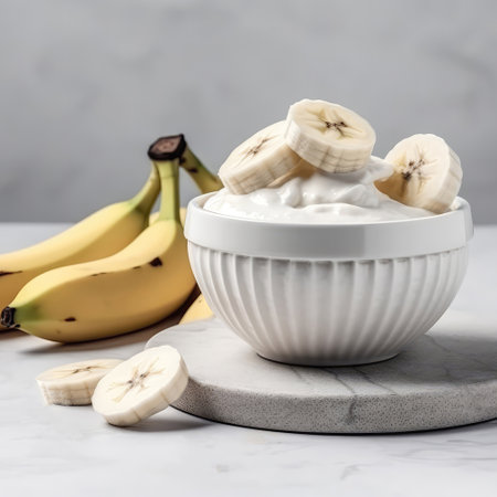 Closeup Of Yogurt With Fresh Bananas On White Background, Minimalist Styleの素材