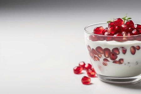 Closeup Of Yogurt With Fresh Pomegranate Seeds On White Background, With Empty Spaceの素材