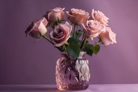 Flowers Roses In Vase On Lilac Color Backgroundの素材