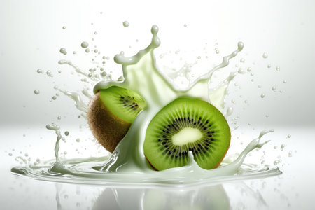 Kiwi Falling Into Yogurt On White Backgroundの素材