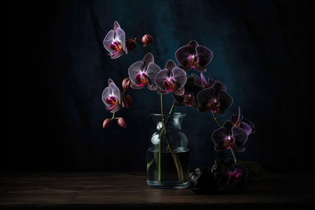 Orchid Flowers In Vase On Black Backgroundの素材