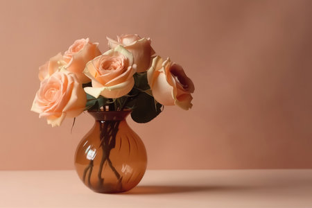 Flowers Roses In Vase On Light Peach Color Background Copy Spaceの素材