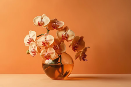Orchid Flowers In Vase On Pale Orange Color Backgroundの素材
