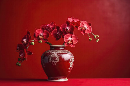 Orchid Flowers In Vase On Red Backgroundの素材