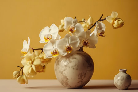 Orchid Flowers In Vase On Pale Yellow Color Backgroundの素材