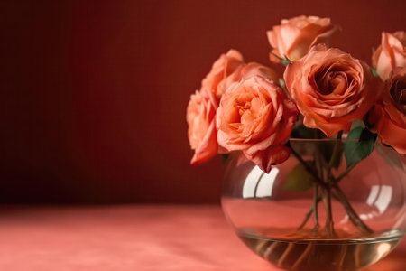 Flowers Roses In Vase On Coral Color Background Copy Spaceの素材