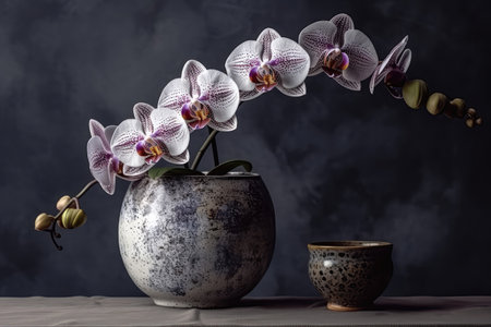 Orchid Flowers In Vase On Gray Backgroundの素材