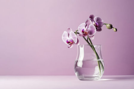 Orchid Flowers In Vase On Pale Purple Color Background With Copy Spaceの素材