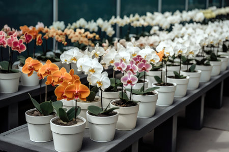 Lots Of White Pots With Blooming Orchids In Different Colorsの素材