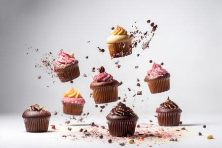 Cupcakes Flying On White Background, Floating In The Airの素材