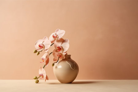 Orchid Flowers In Vase On Light Peach Color Background With Empty Spaceの素材
