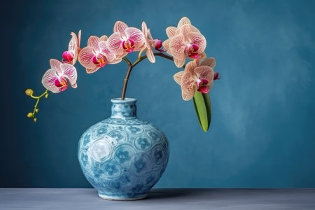 Orchid Flowers In Vase On Blue Background With Empty Spaceの素材