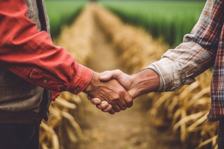 Farmers Handshake Against The Backdrop Of Unfocused Agriculture, Closeupの素材
