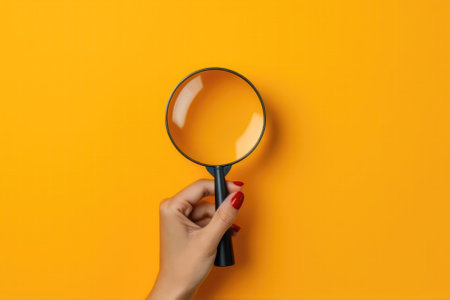 Magnifyipng Glass In Womans Hand On Yellow Background, Top Viewの素材
